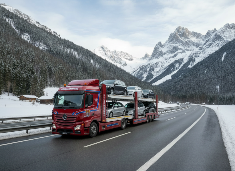 Firefly_Gemini Flash_roter Autotransporter transportiert ein Fahrzeug durch die Schweiz. Realistische Berg 817561